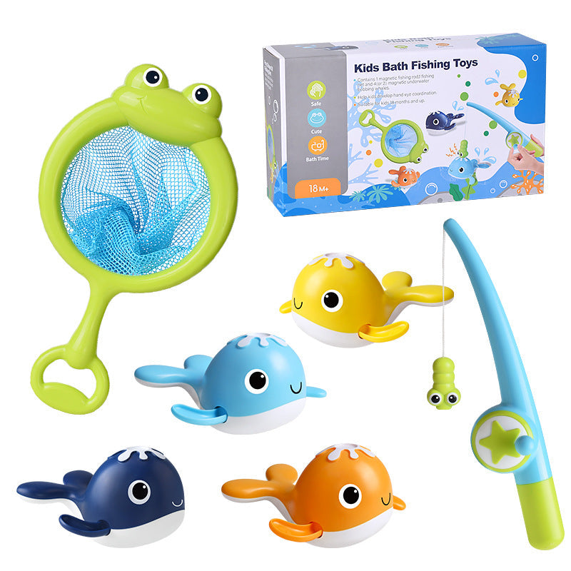 Educational and fun bath fishing game with wind-up whales, promoting toddler engagement