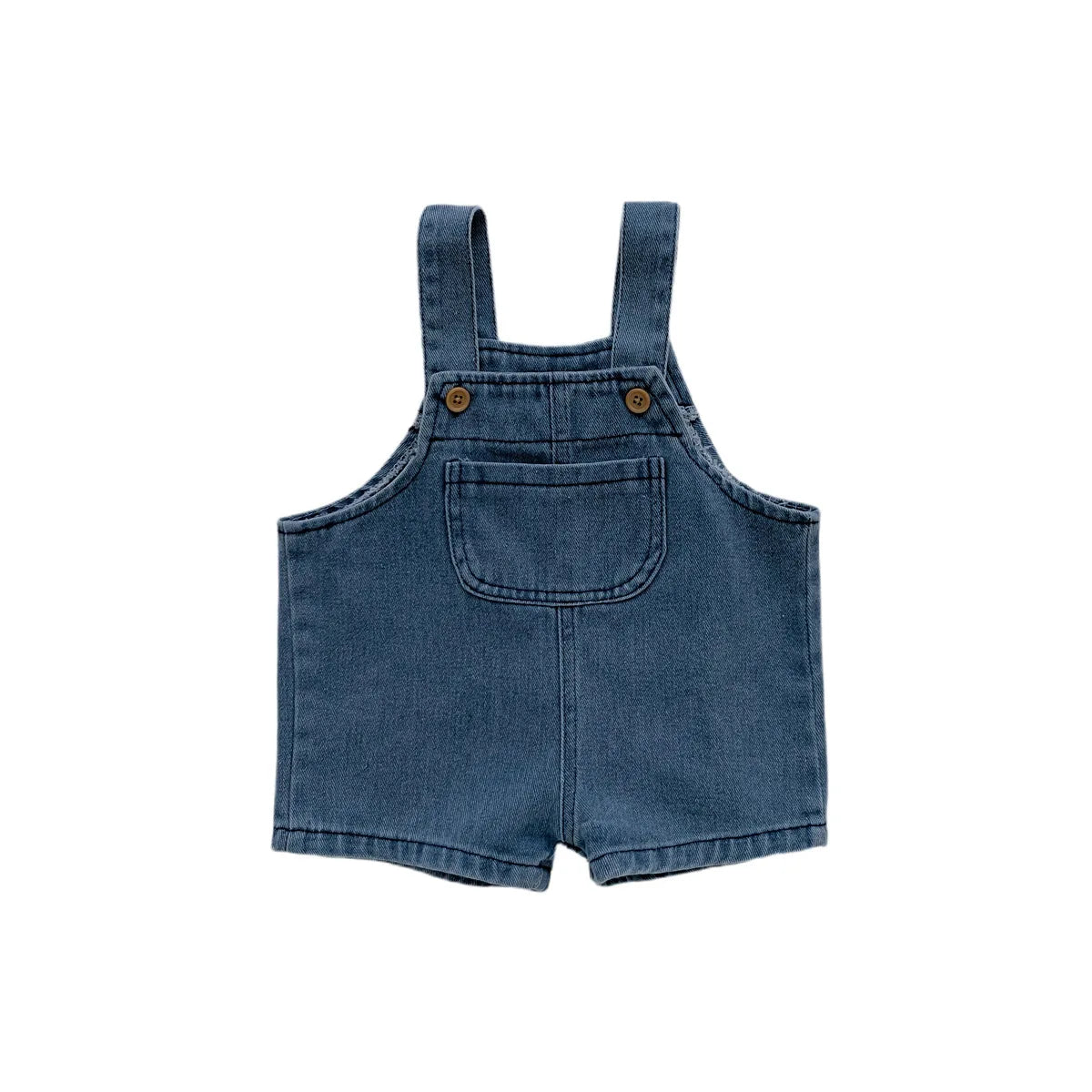 Denim jumpsuit for toddler boys with adjustable straps, paired with a short-sleeved t-shirt, casual summer fashion.