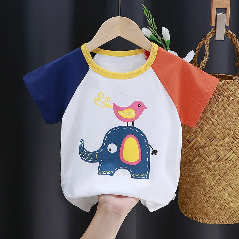 Happy toddler boy wearing a vibrant cartoon animal t-shirt, soft cotton kids top