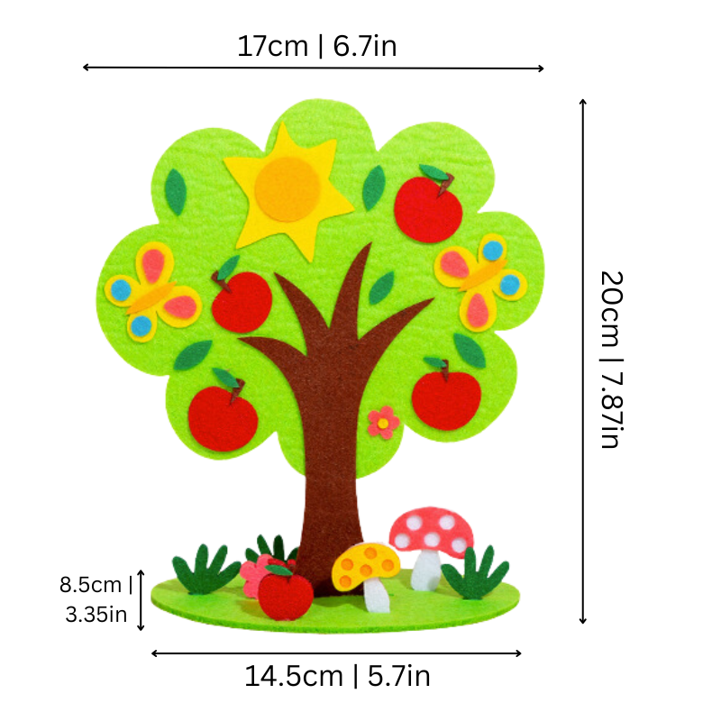 Close-up of a Kids' Interactive Felt Tree Kit showing diverse seasonal decorations, perfect for educational craft activity.
