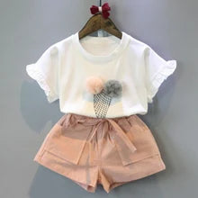 Comfortable toddler girl's beige polka dot short sleeve cotton outfit set, ideal for warm weather