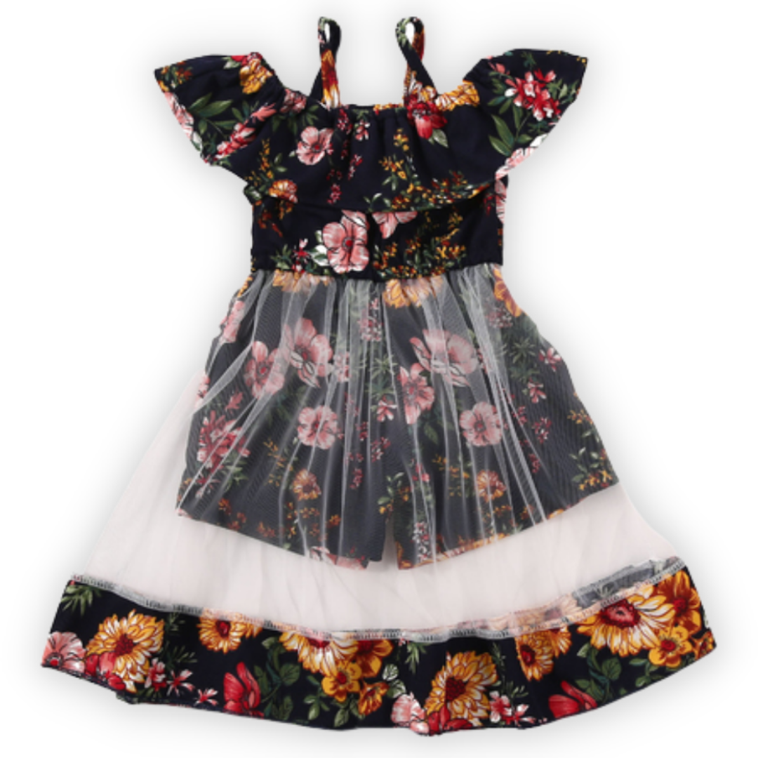Girls' cotton floral print sundress with short sleeves and a knee-length see-through skirt.