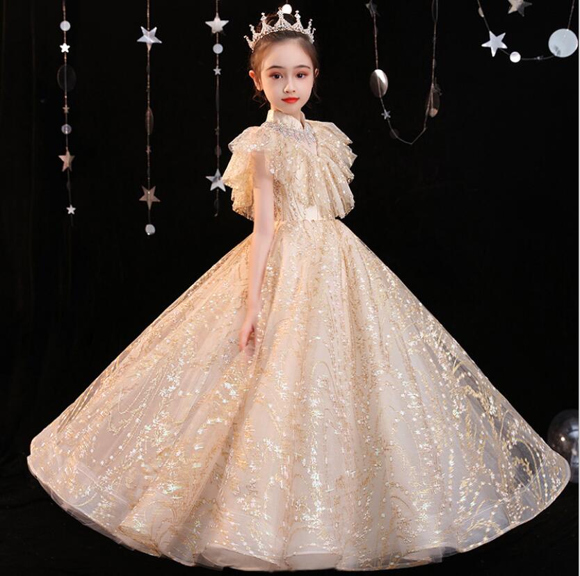 Girls' elegant golden sequin ball gown with high collar, a beautiful princess dress for formal wear.