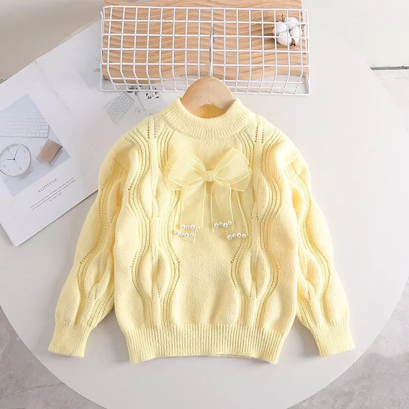 Girls' winter apparel: kids' warm bow sweater, comfortable cotton blend knitted top
