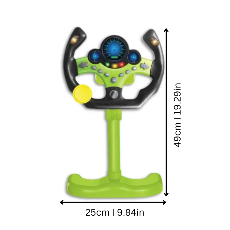 Interactive toy driving wheel for kids, featuring simulation sounds, ideal for toddler activity.