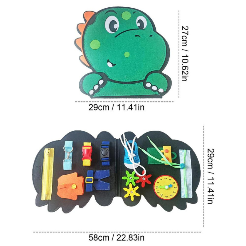Portable dinosaur-themed activity board for toddlers, a sensory montessori toy enhancing fine motor skills