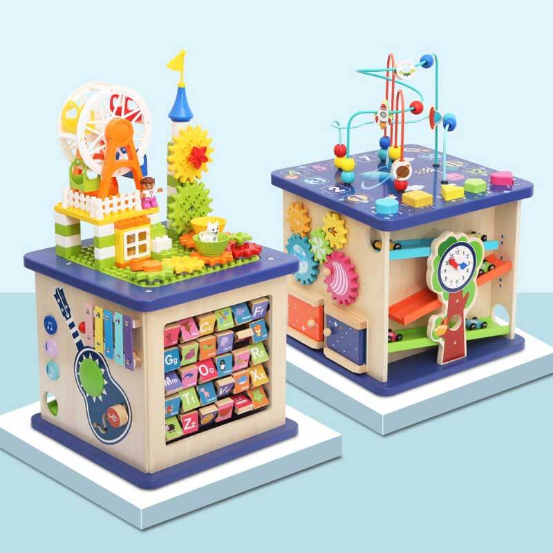 Wooden activity cube, a key Montessori toy for toddlers' early learning journey and sensory development.