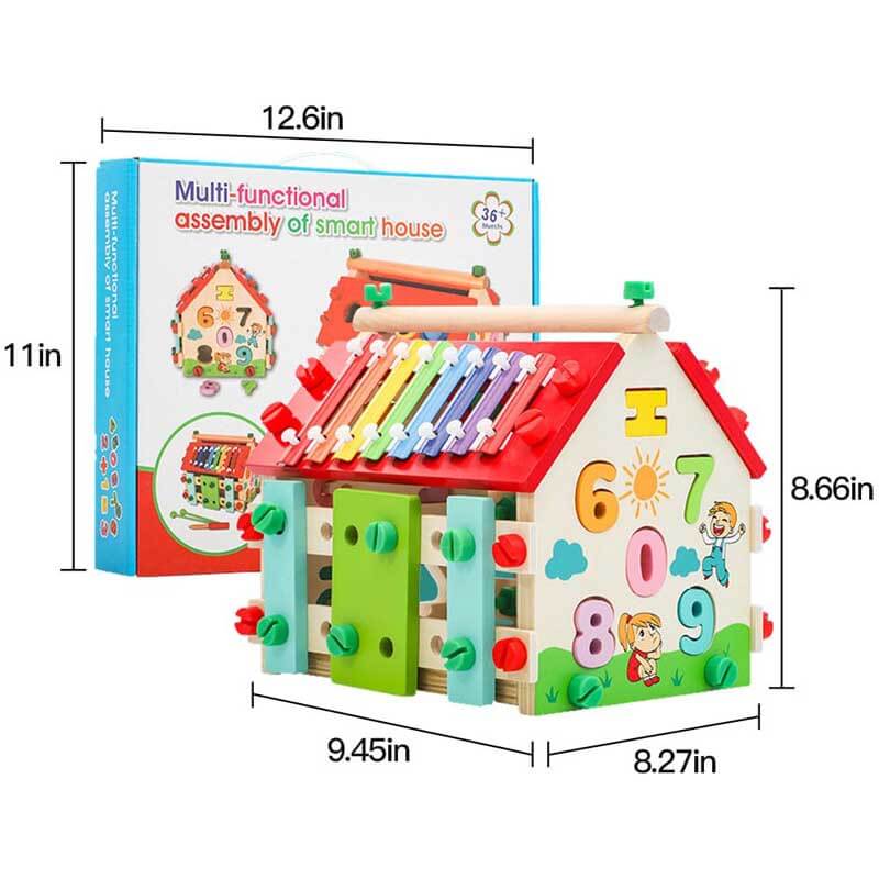 Front view of the Toddler Montessori Wooden Activity House, highlighting its engaging design and wooden craftsmanship.