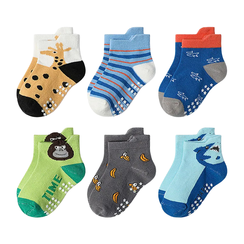 Kids clothing accessory: a pair of vibrant non-slip cartoon animal socks for toddlers, great for all-season use.