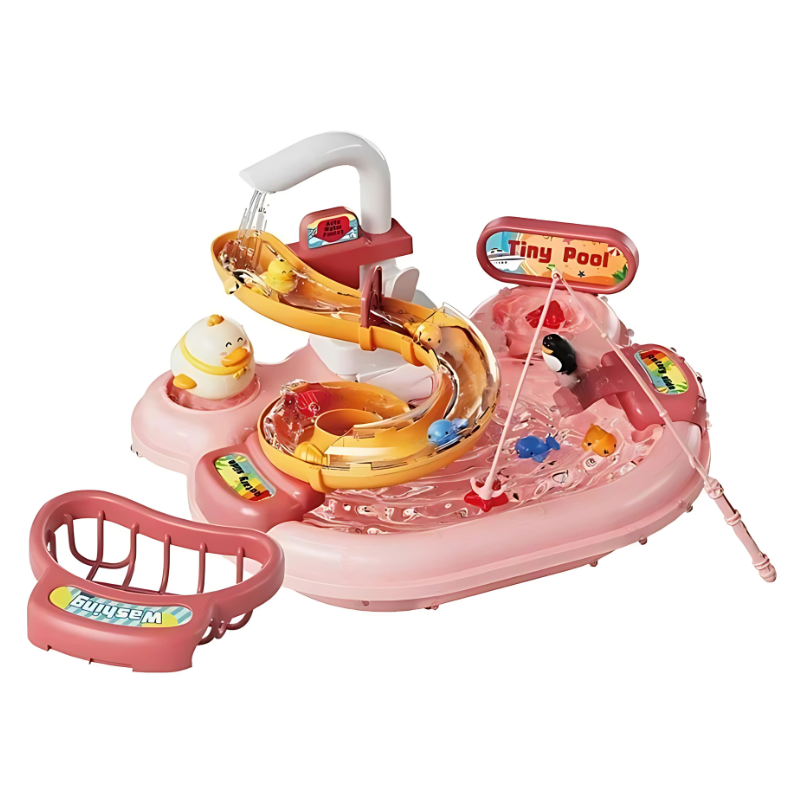 Close-up of child's hands catching fish with rod from 3-in-1 bath and sink toy