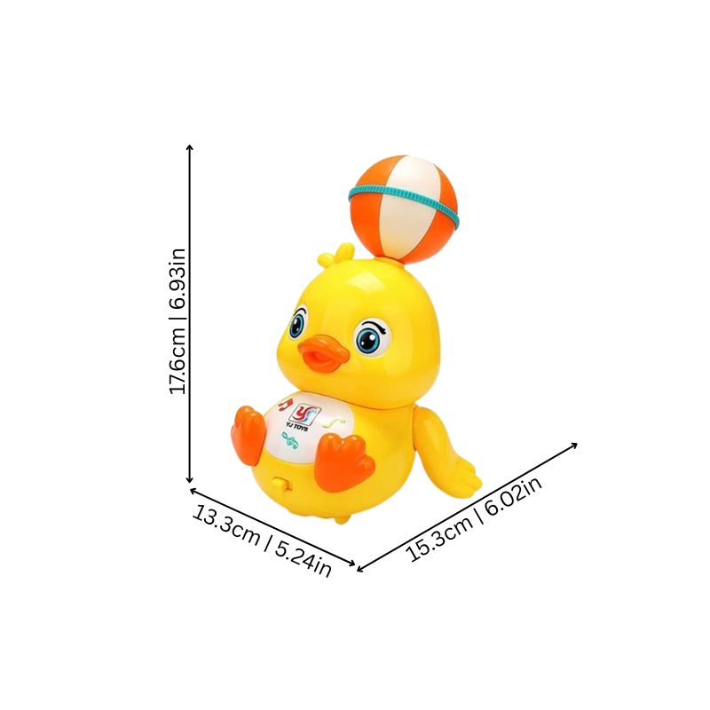 Close-up of a colorful spinning duck toy with flashing lights and sound, perfect for active play and coordination in kids