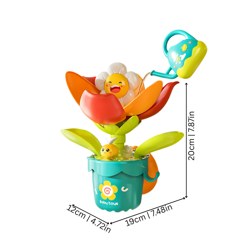 Close-up of children's interactive flower fountain bath toy with water streams, perfect for early development