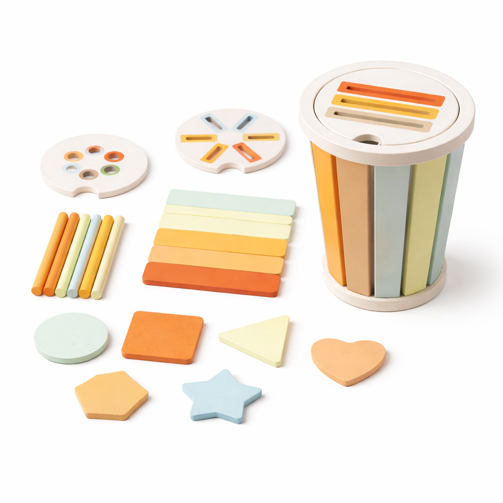 Wooden toddler learning toy with matching and sorting elements, ideal for Montessori early development activities.