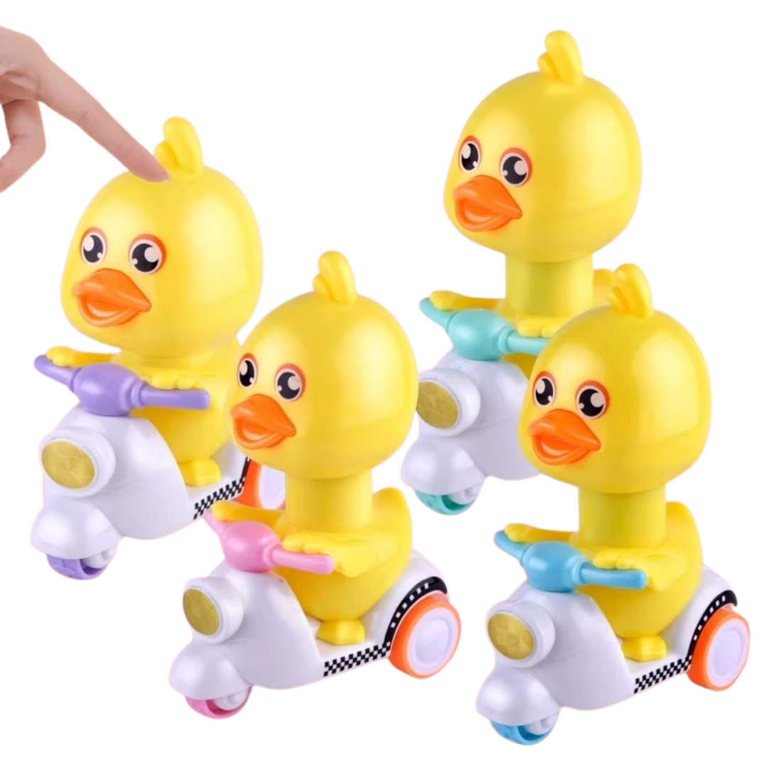 Bright yellow duck-themed toy car with accessible press-and-go function for young children