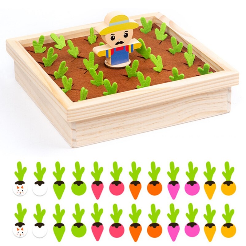 Toddler gift: wooden carrot harvest game, a stacking and sorting toy for motor skill development.