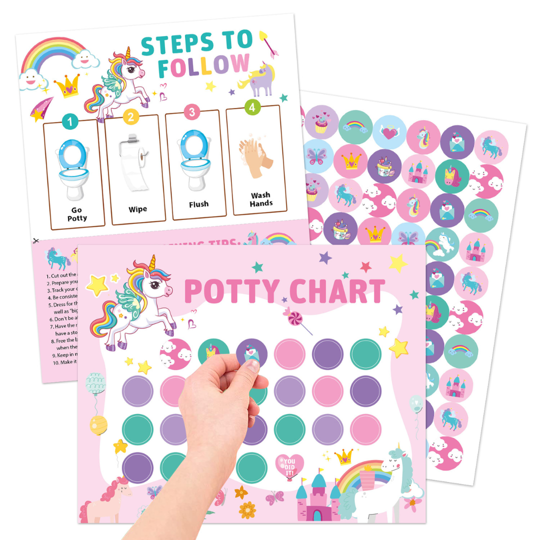 Early learning potty chart with playful design and an assortment of engaging stickers.