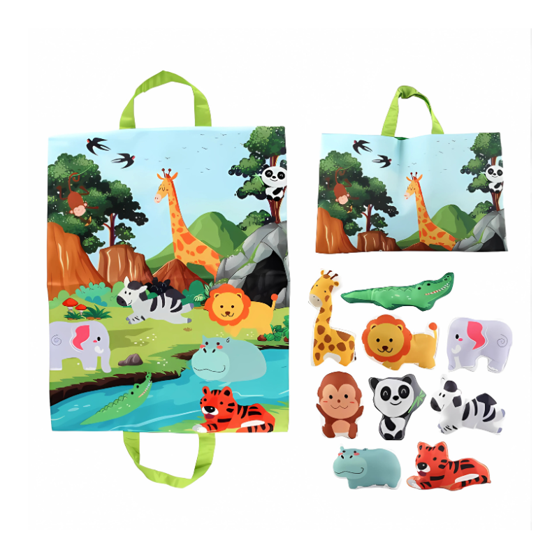 Overhead view of a baby interacting with a large, soft play mat and hanging educational plush toys, perfect baby gift.