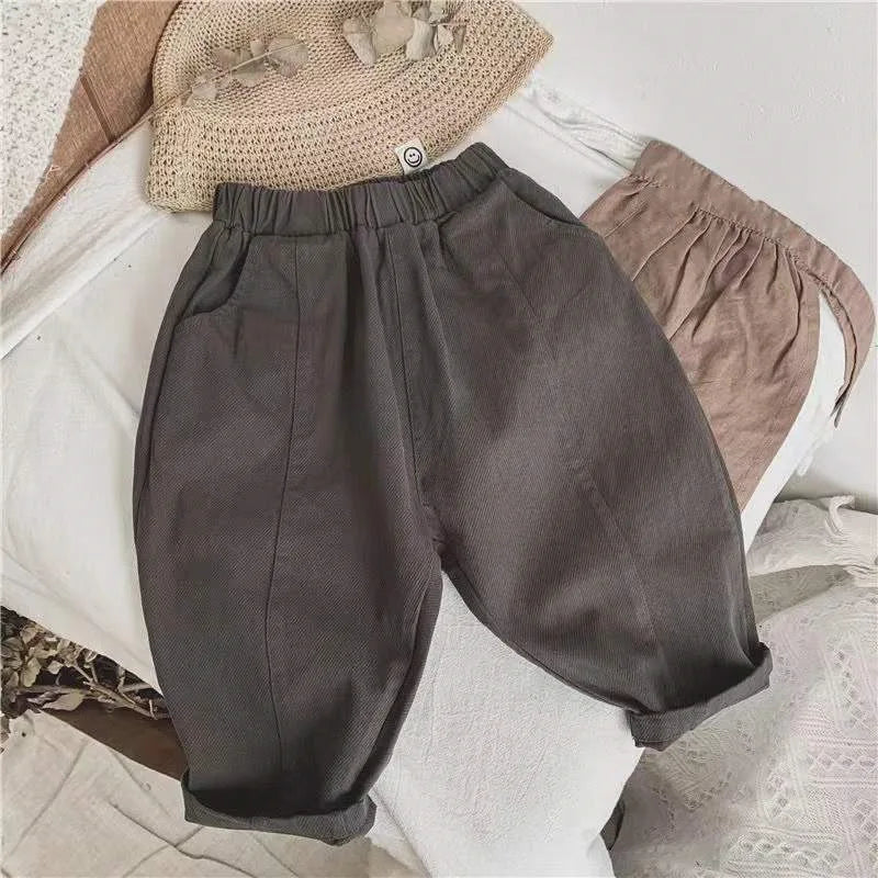 Toddler unisex cotton blend long pants for kids, comfortable playwear, front view