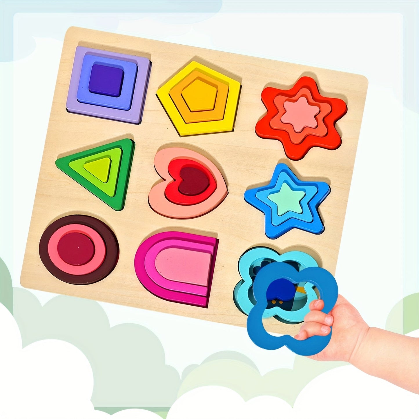 Toddler engaged with a wooden animal and geometric shape sorter puzzle, learning through play