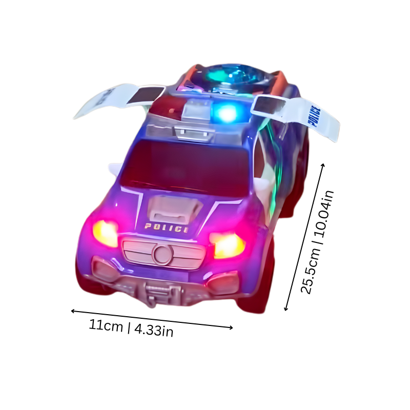 Kids' light-up police car toy, blue and white, with sound effects, ideal for creative play and learning