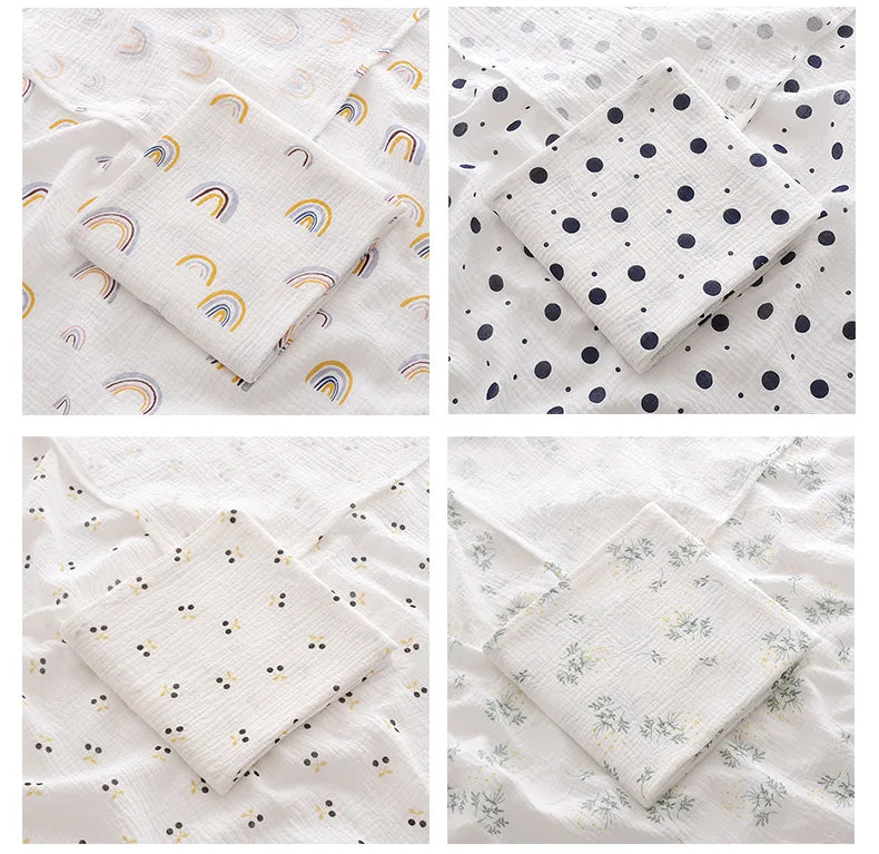 Tag detail on a 2-layer cotton muslin swaddle blanket, highlighting natural cotton and baby comfort