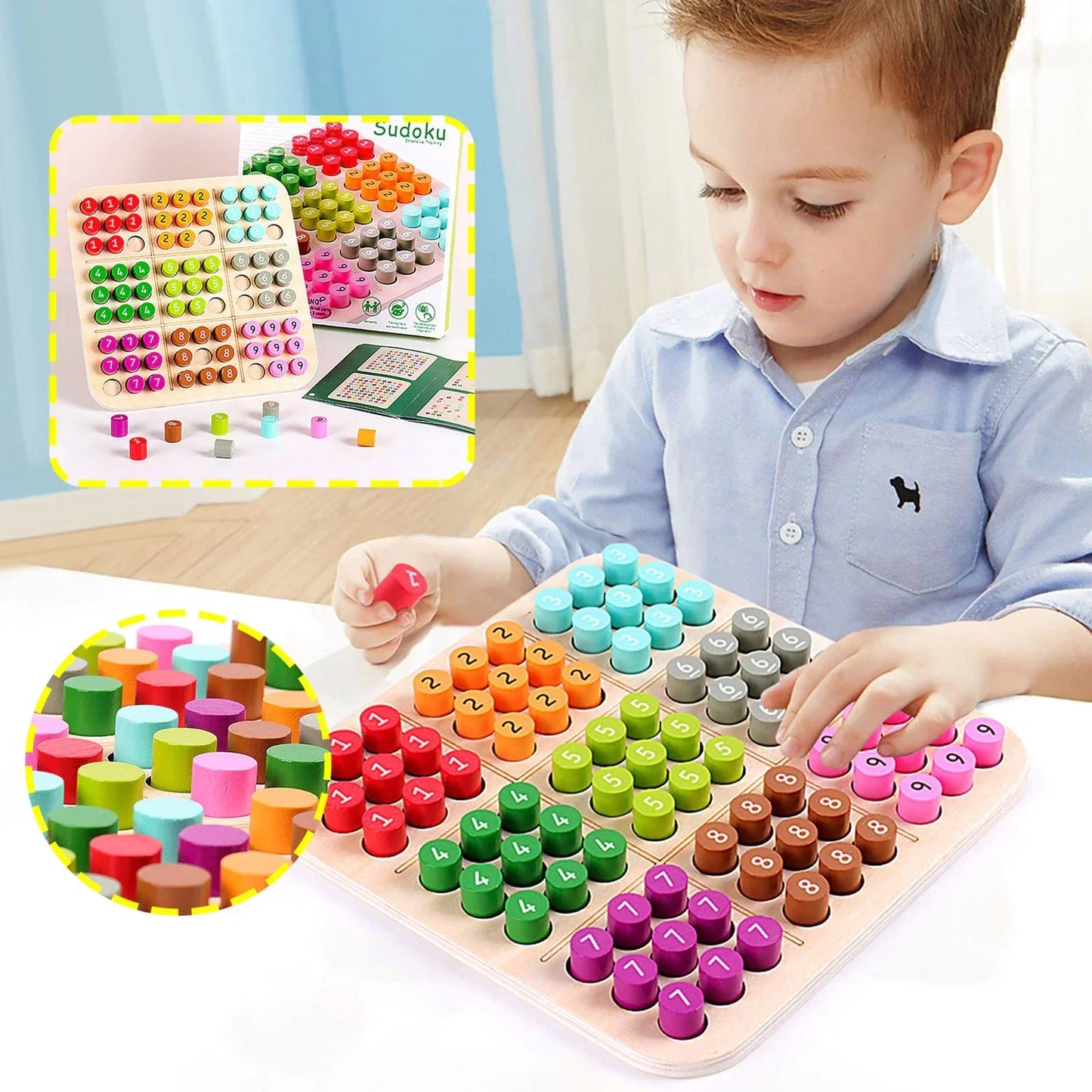 Wooden 3D Sudoku game pieces arranged, demonstrating the educational toy's quality and design.