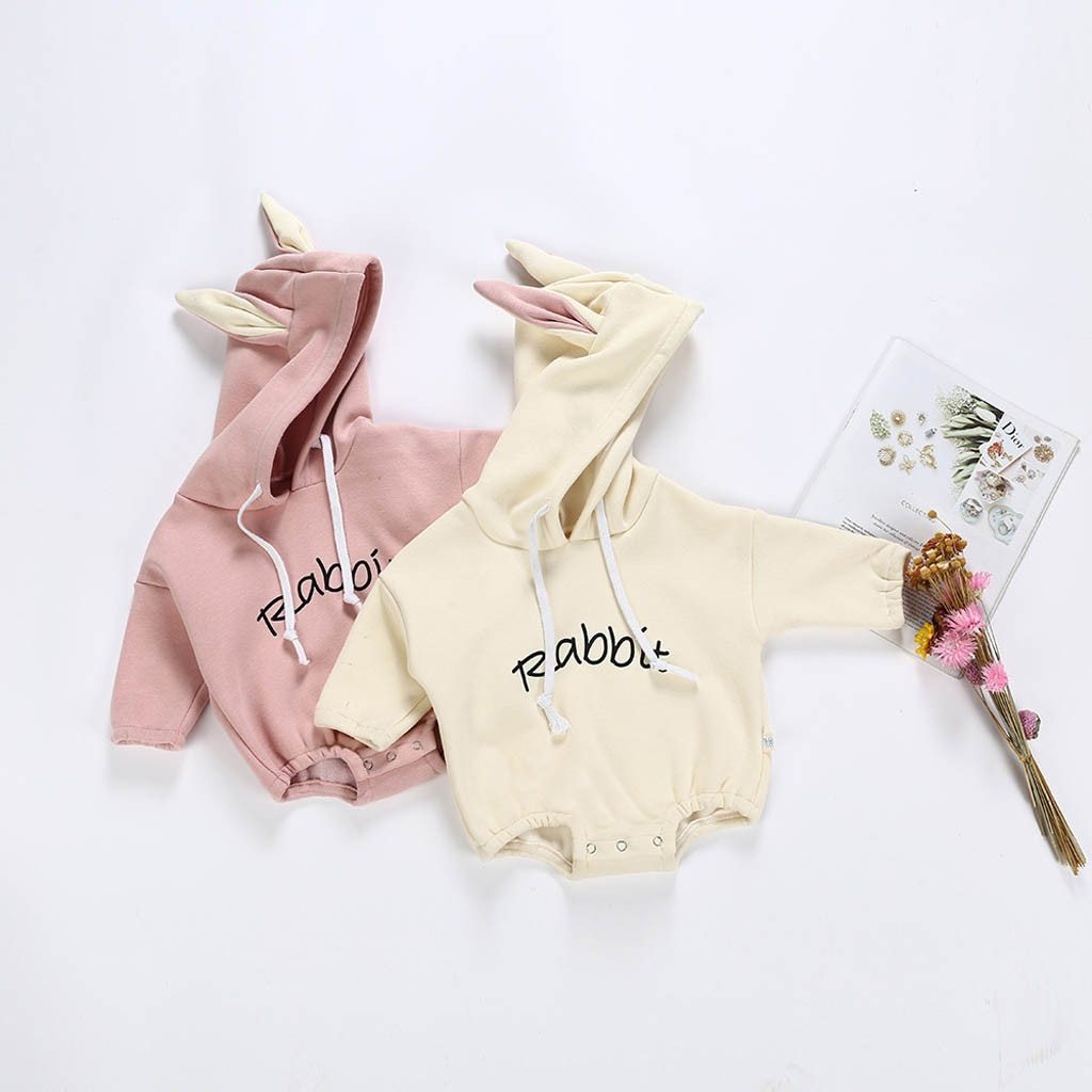 Adorable baby romper in bunny design, plush and hooded, perfect for comfortable baby wear and gifting.