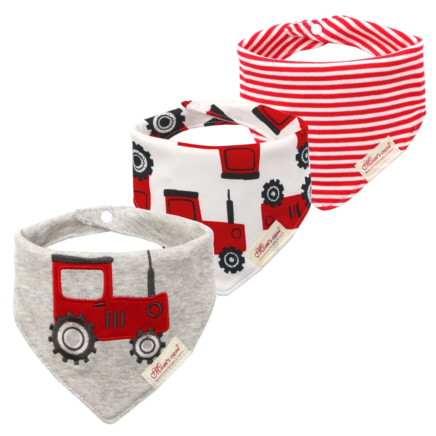 Close-up of the front of a cotton bandana drool bib showing its layered absorbent fabric