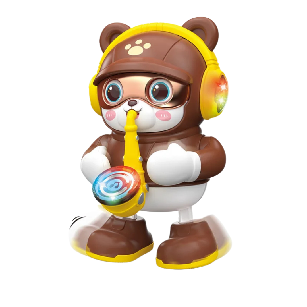 Musical dancing bear toy for children, holding a saxophone, providing entertainment and sensory play
