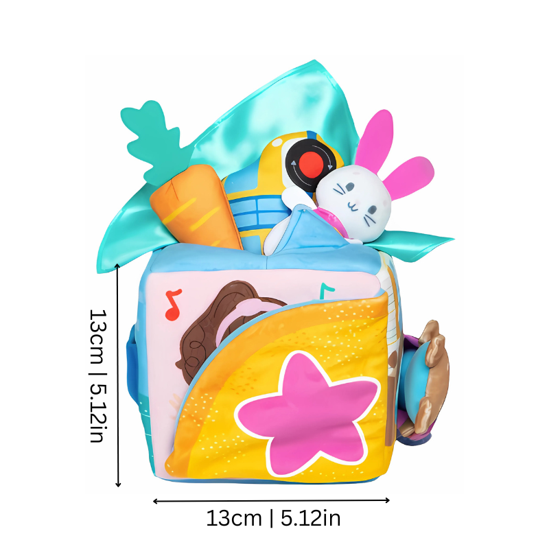 Soft plush sensory cube for babies and toddlers, interactive, developmental toy with varied textures & colors