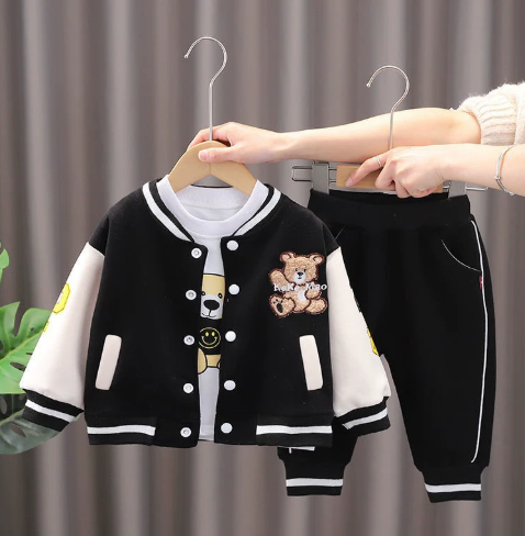 Childrens' stylish 3-piece set: bear baseball jacket, white T-shirt & black pants, perfect for play.