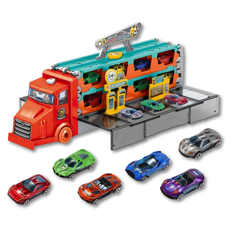 Interactive dino truck play set, includes a large T-Rex carrier and mini cars, suitable for ages 3 and up.