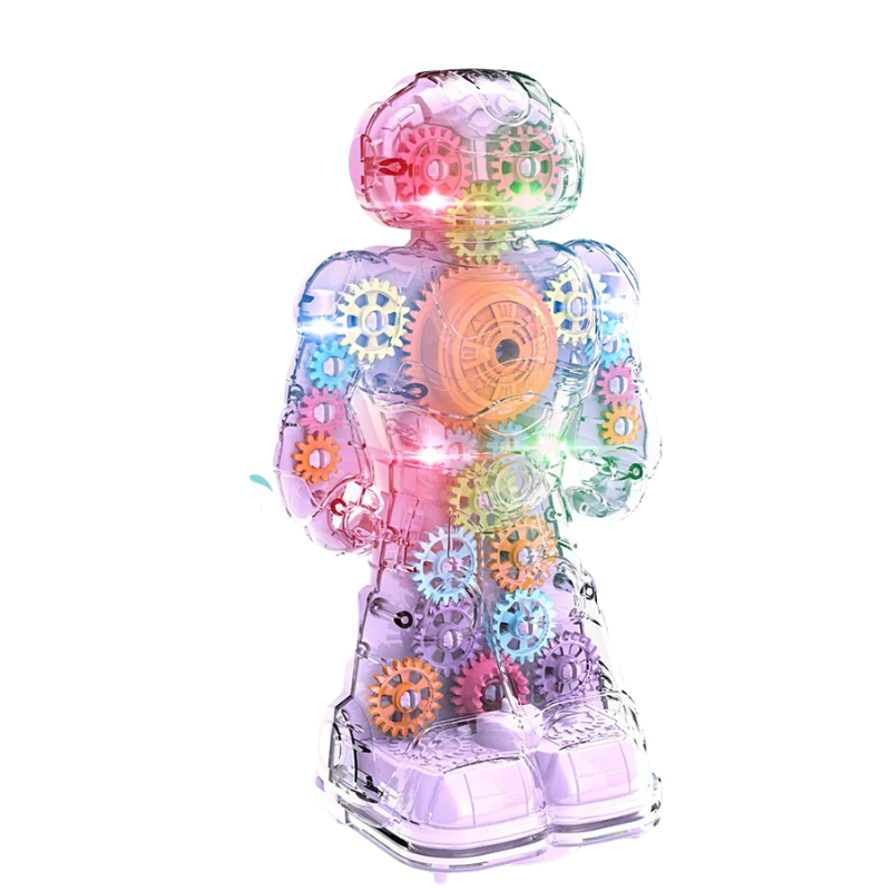 Calming electric robot toy for kids, featuring colorful gears, interactive lights, and gentle sounds for sensory play.