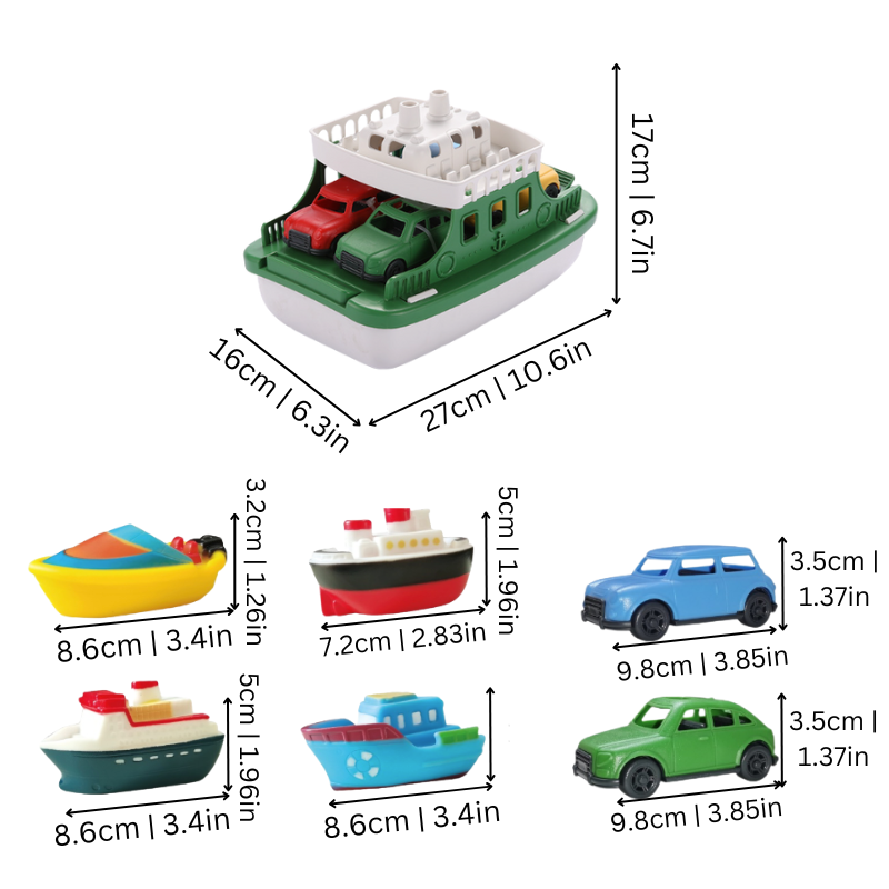 Toddler educational bath toy set with floating ferry and colorful mini cars for sensory play
