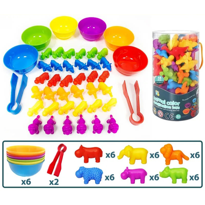 Montessori toy: Kids' sorting game, vibrant animals & dinosaurs, ideal for early learning & fine motor skills.