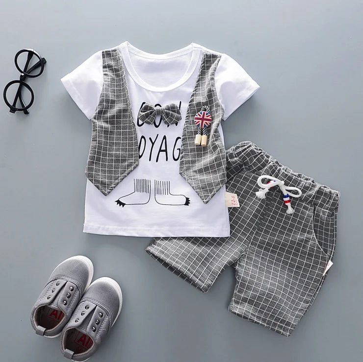 Summer-ready unisex kids plaid t-shirt and shorts outfit, durable cotton for active toddlers