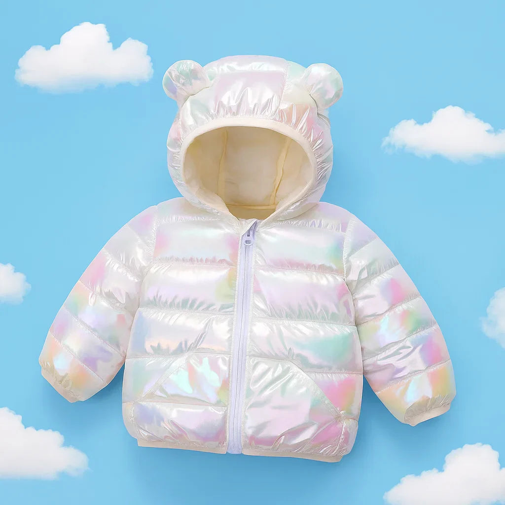 Collection of colorful kids padded jackets with bear hoods, suitable for all toddlers