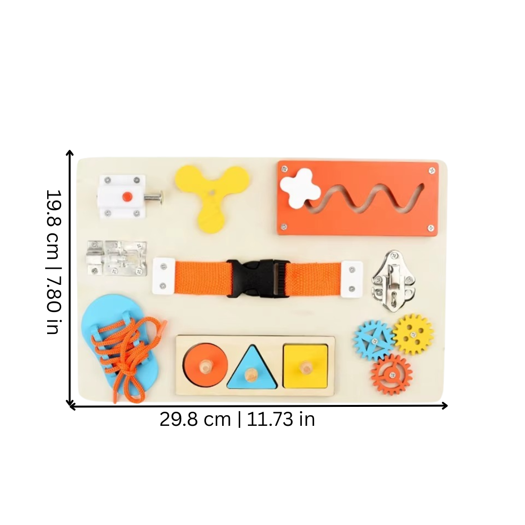 Toddler Montessori busy board toy with various clasps and fine motor skill challenges for preschool