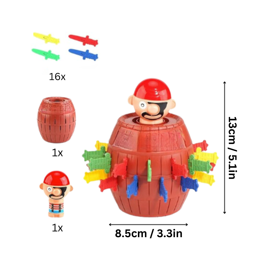 Kids' interactive pirate barrel game showing plastic sword slots, perfect strategy toy for family game night