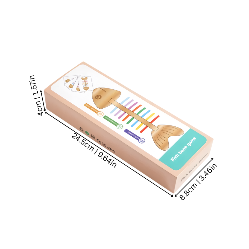 Educational wooden fishbone puzzle with various colored pieces for early learning and color sorting.