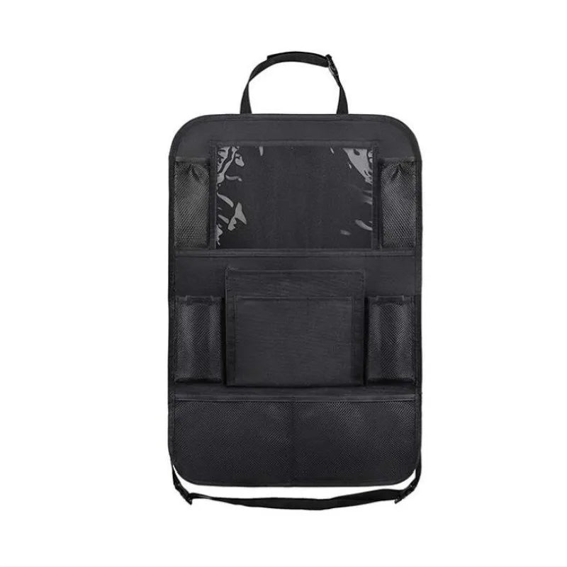 Car travel accessory: multi-pocket backseat organizer with secure tablet holder for road trips and daily use