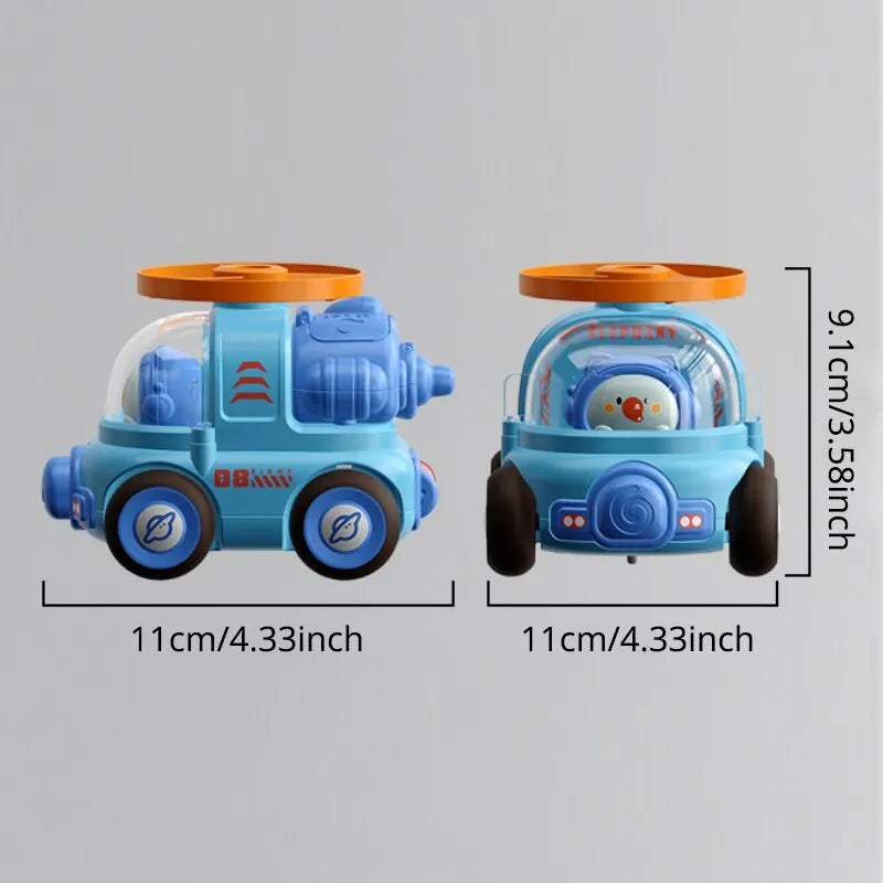 Playful cartoon inertial car with an exciting spinning rotor, a great gift for kids who love active toys.