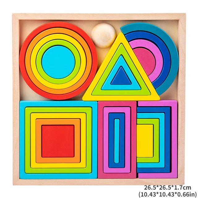 Stack of varied sizes of rainbow wooden blocks, a classic educational toy for young children.