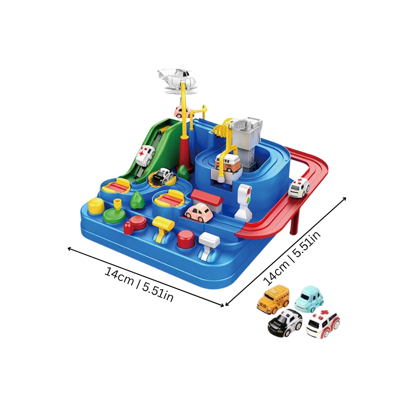Kids developing cognitive skills with an interactive car track maze puzzle toy featuring various vehicles
