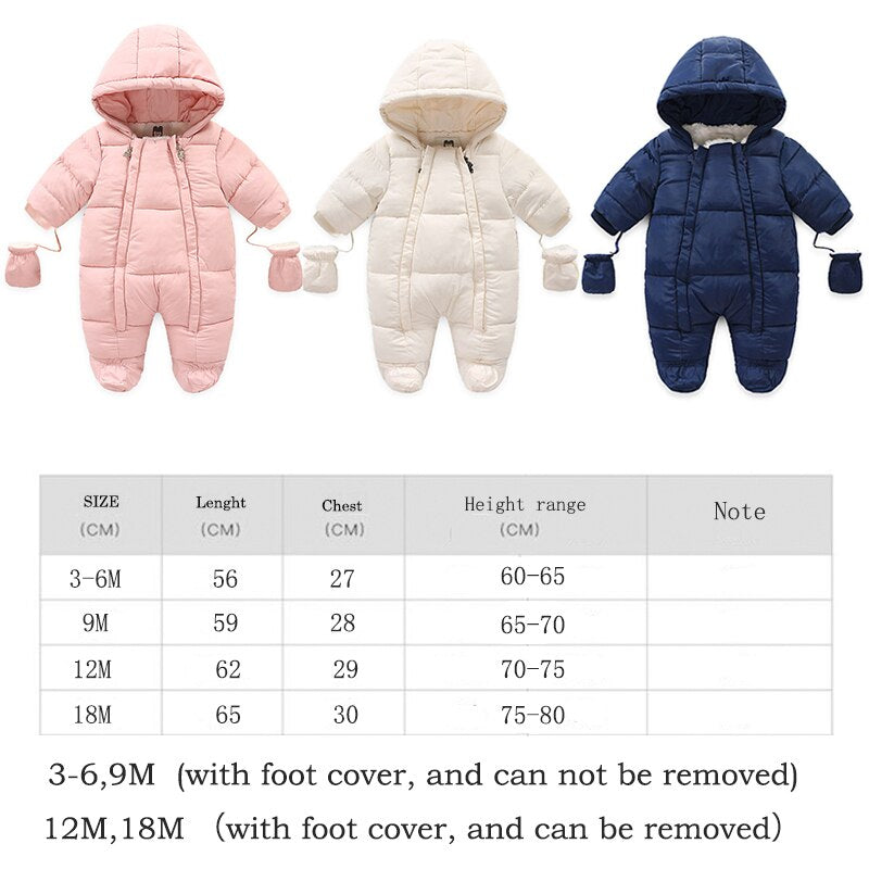 Comfortable winter baby romper, 100% cotton with integrated gloves for ultimate warmth.