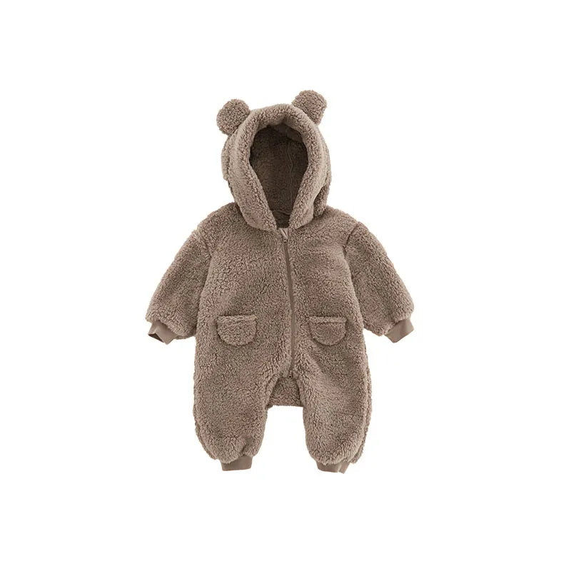 Thick fleece baby overall, warm winter romper with animal print for newborns, ideal baby bodysuit