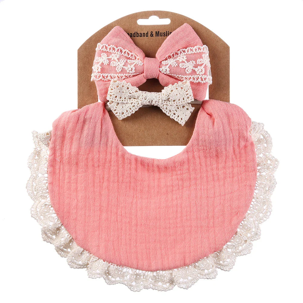 Compact white muslin cotton baby bib and lace head band, perfect for baby shower gift, feeding, and dribbling.