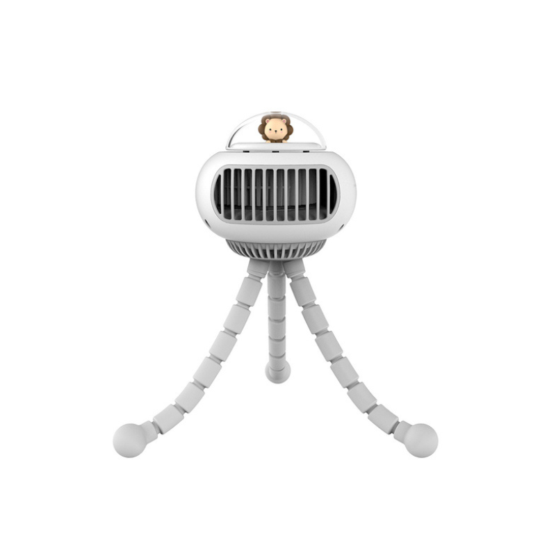 Kids finger-safe portable fan for stroller in white, essential baby cooling accessory for summer, USB rechargeable.