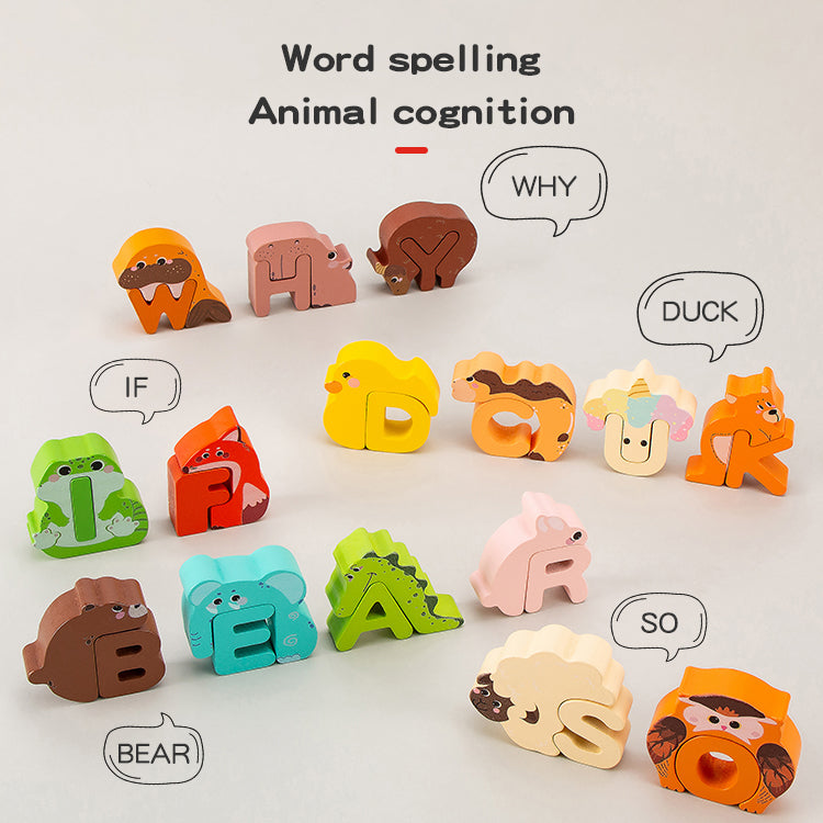 Wooden animal letter puzzles arranged, showing colorful, durable pieces for active preschool learning