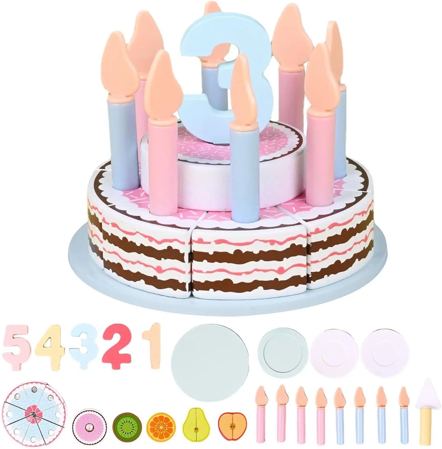 Role play wooden birthday cake & tea set. Develops social skills & encourages imaginative kids' play.